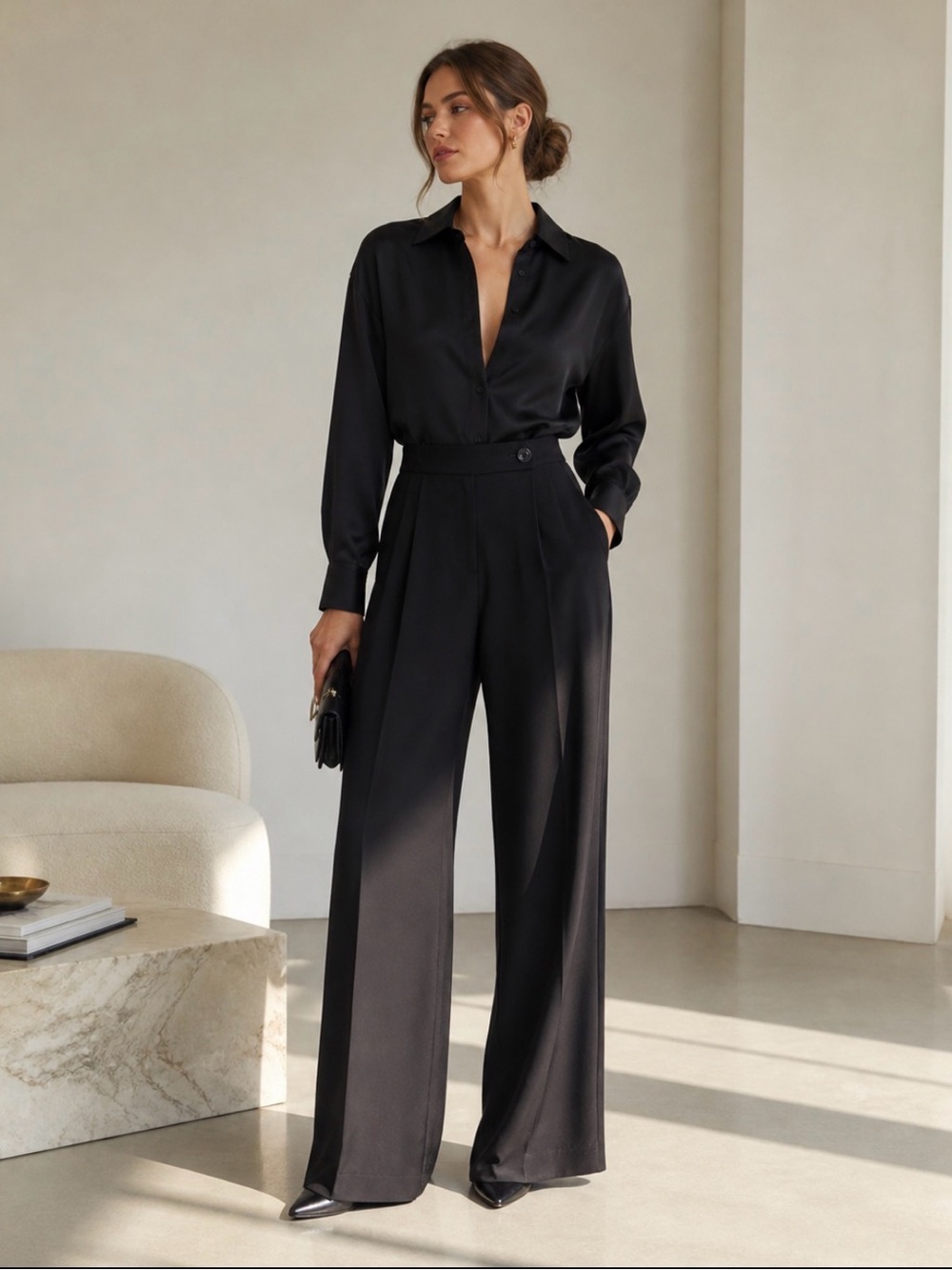 Carolina Herrera Black Silk Wide Leg Pant